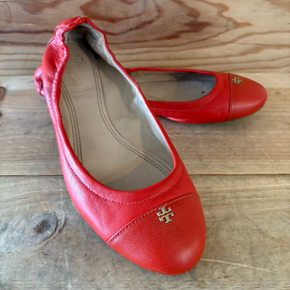 Tory Burch York Leather Red Cap-toe Slip-on Ballet Flats Women's size US 8
